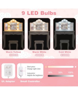 Kid Vanity Table Stool Set with Tri-Folding Mirror and 3-Color LED Lights