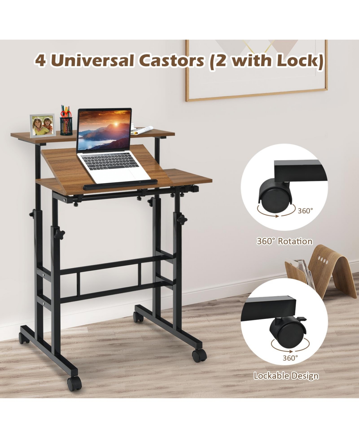 Mobile Standing up Desk Adjustable Computer Desk Tilting Workstation