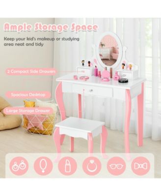 Kids Vanity Princess Makeup Dressing Table Stool Set with Mirror and Drawer