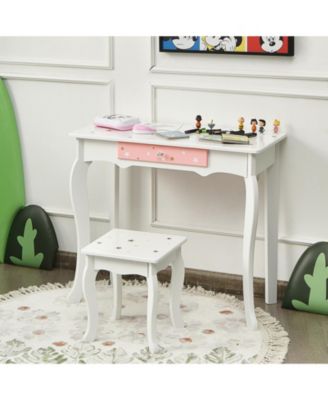 Kids Princess Vanity Table and Stool Set with Tri-folding Mirror and Drawer
