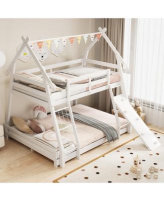 Twin Over Queen Bunk Bed Wooden Kids Bed with Climbing Nets and Ramp