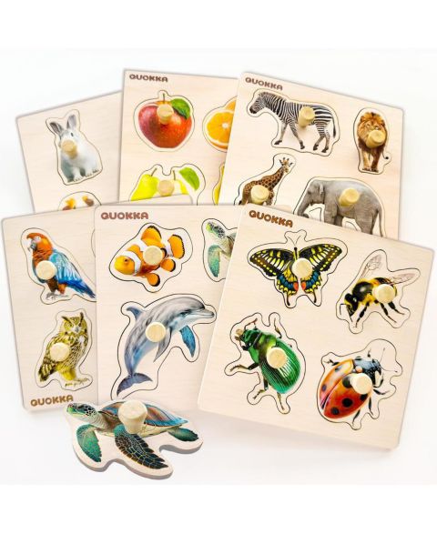 Детский пазл Quokka Wooden Puzzles for Toddlers 1-3 – Pegged Puzzles for Kids, цвет: Fruits And Animals