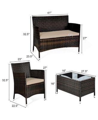 Set of 4 Outdoor Patio Rattan Conversation Furniture Set w/ Cushion Table