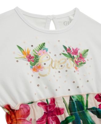 Baby Girls 2-Piece Mixed Fabric Short Sleeve Dress with Printed Bloomer Set