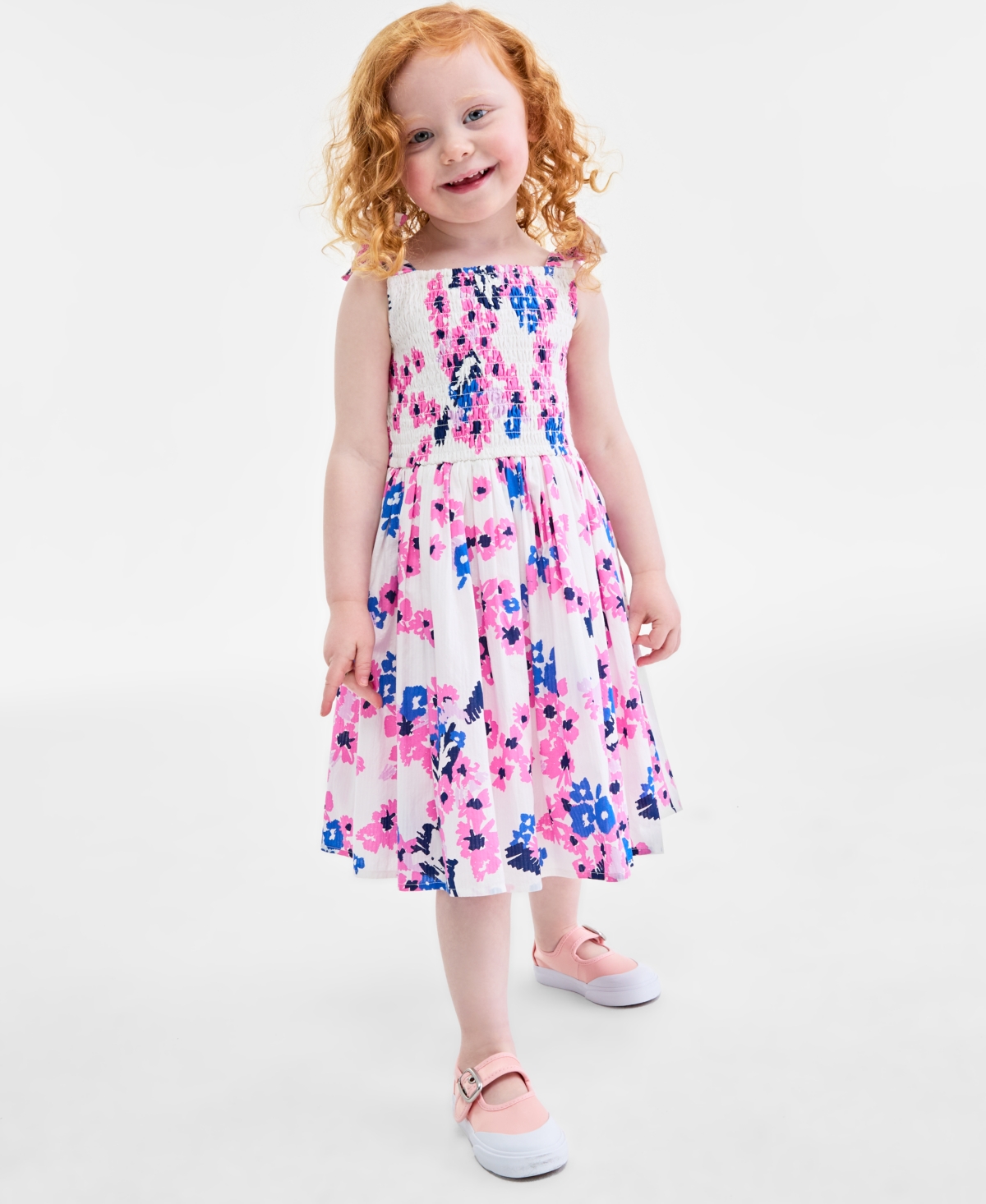 On 34th Little & Big Girls Mommy & Me Woven Cotton Sketched Bouquet-print Tie-strap Smocked Dress, Exclusive In Washed White