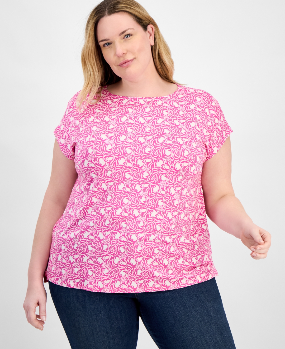 Style & Co Plus Size Printed Mixed-media Relaxed Top, Exclusively At Macy's
