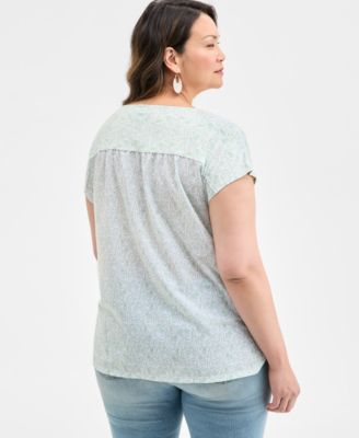Plus Size Printed Mixed-Media Relaxed Top, Exclusively at Macy's