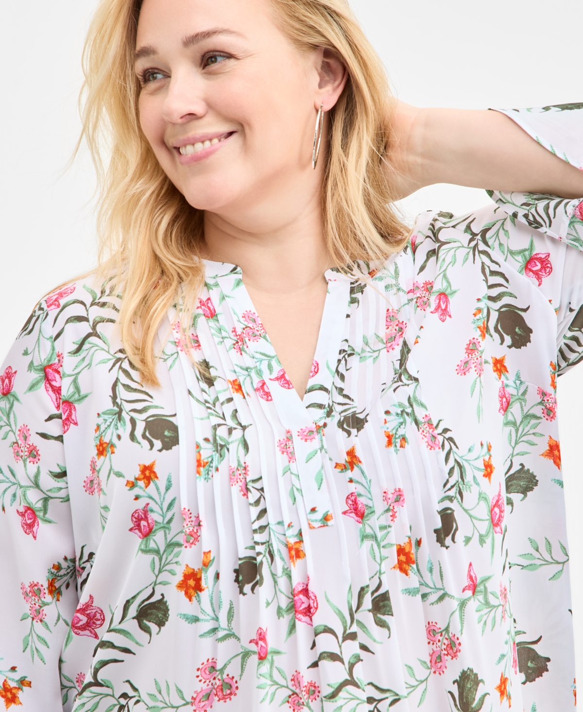 Style & Co Plus Size Printed Pintuck Top, Exclusively At Macy's In Fauna Bright White