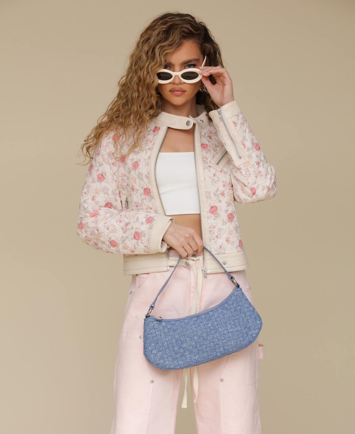 Shop Avec Les Filles Women's Quilted Cropped Moto Jacket In Soft Pink Floral