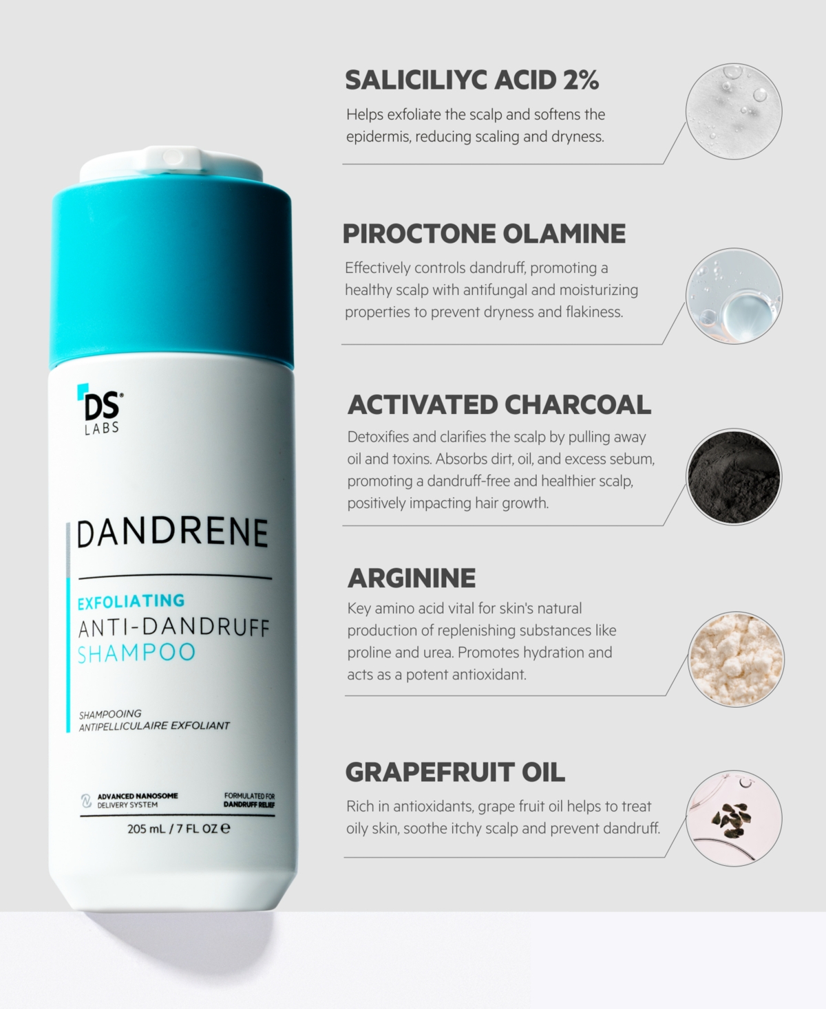 DS LABORATORIES DANDRENE EXFOLIATING ANTI-DANDRUFF SHAMPOO, 205 ML 