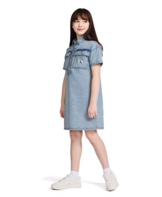 Big Girls Short Sleeve Patch Pocket Denim Shirt Dress