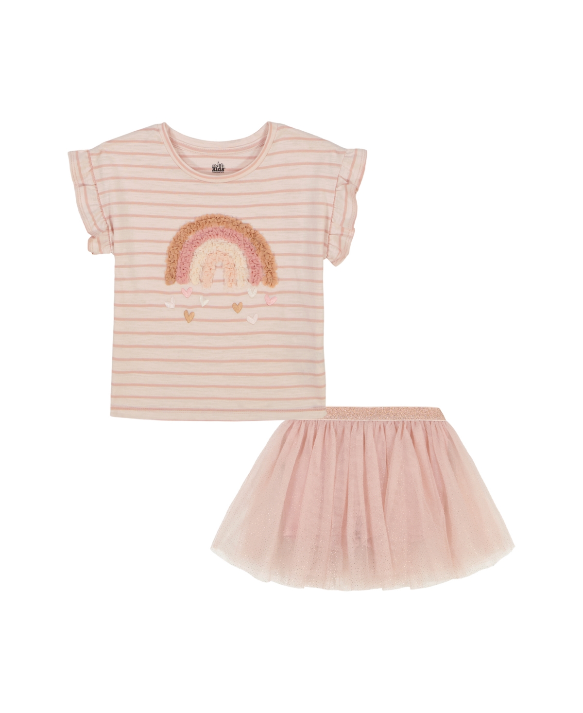 KIDS HEADQUARTERS TODDLER AND LITTLE GIRLS 2-PIECE RUFFLE SLEEVE STRIPED RAINBOW TOP AND GOLD SPECKLE TULLE SKORT SET 