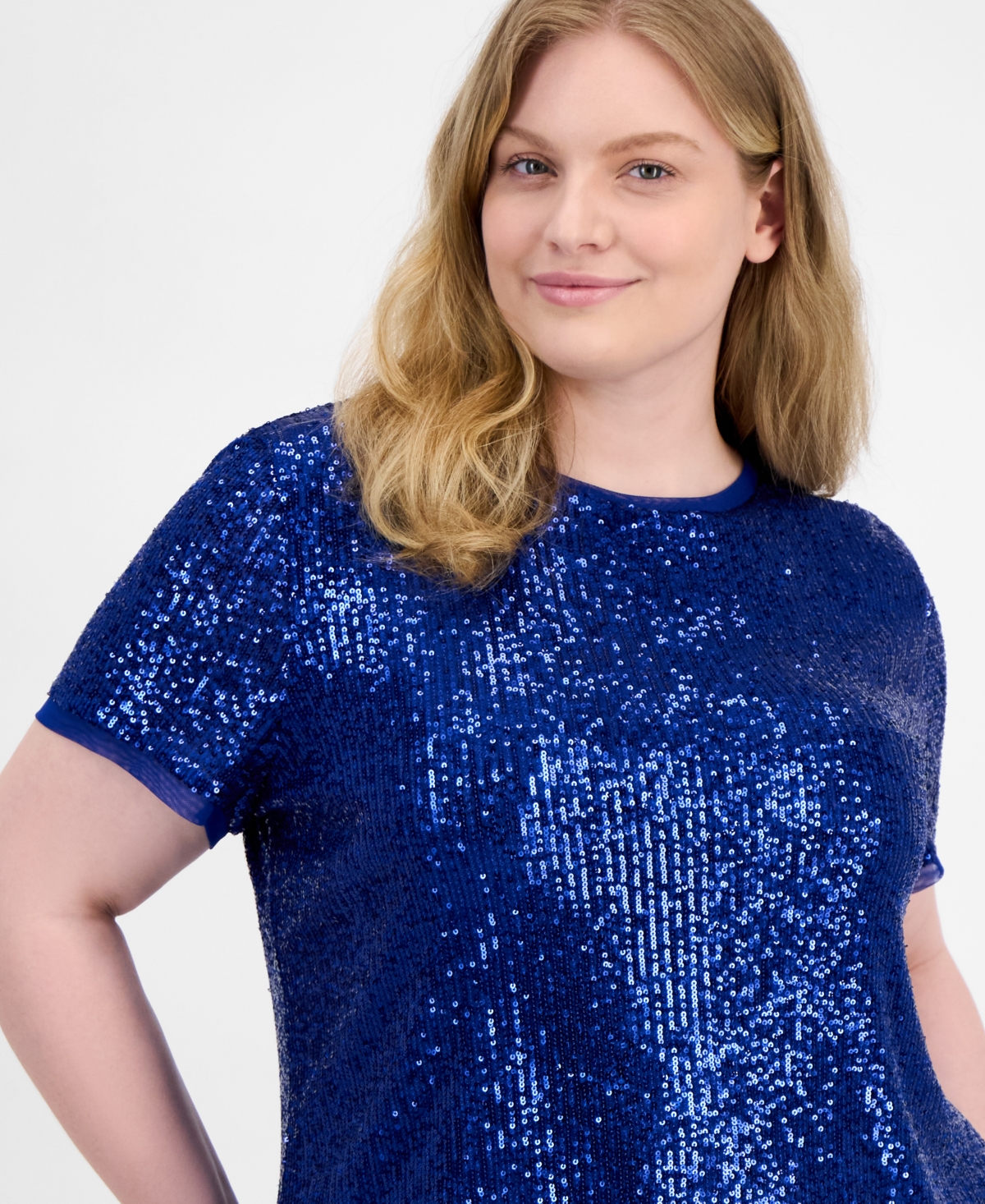 Anne Klein Plus Size Sequin-embellished Short-sleeve Top In Santorini Blue