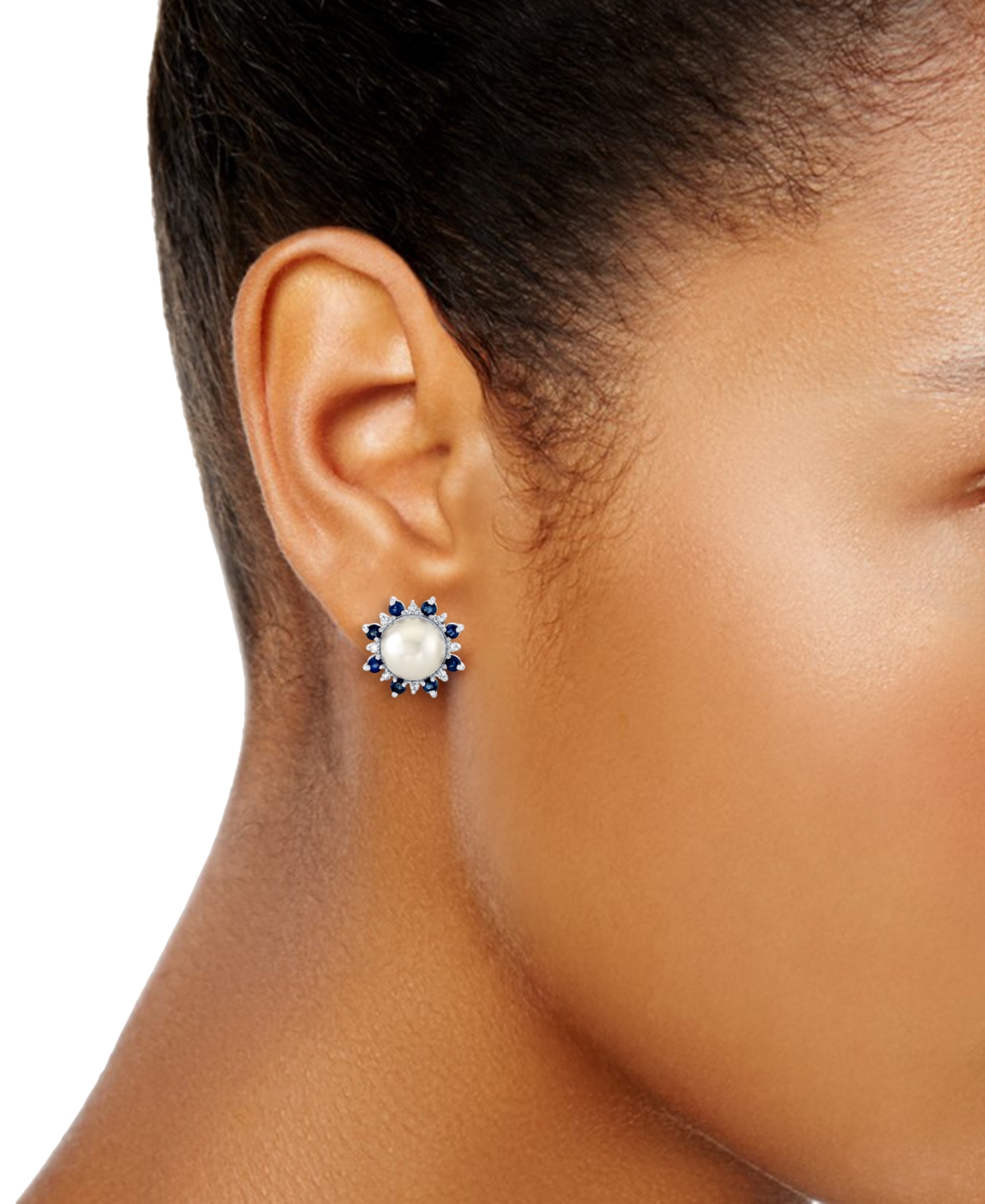 Macy's Cultured Freshwater Pearl (8mm), Blue Sapphire (1 Ct. T.w.) & Diamond (1/8 Ct. T.w.) Stud Earrings I In White Gold