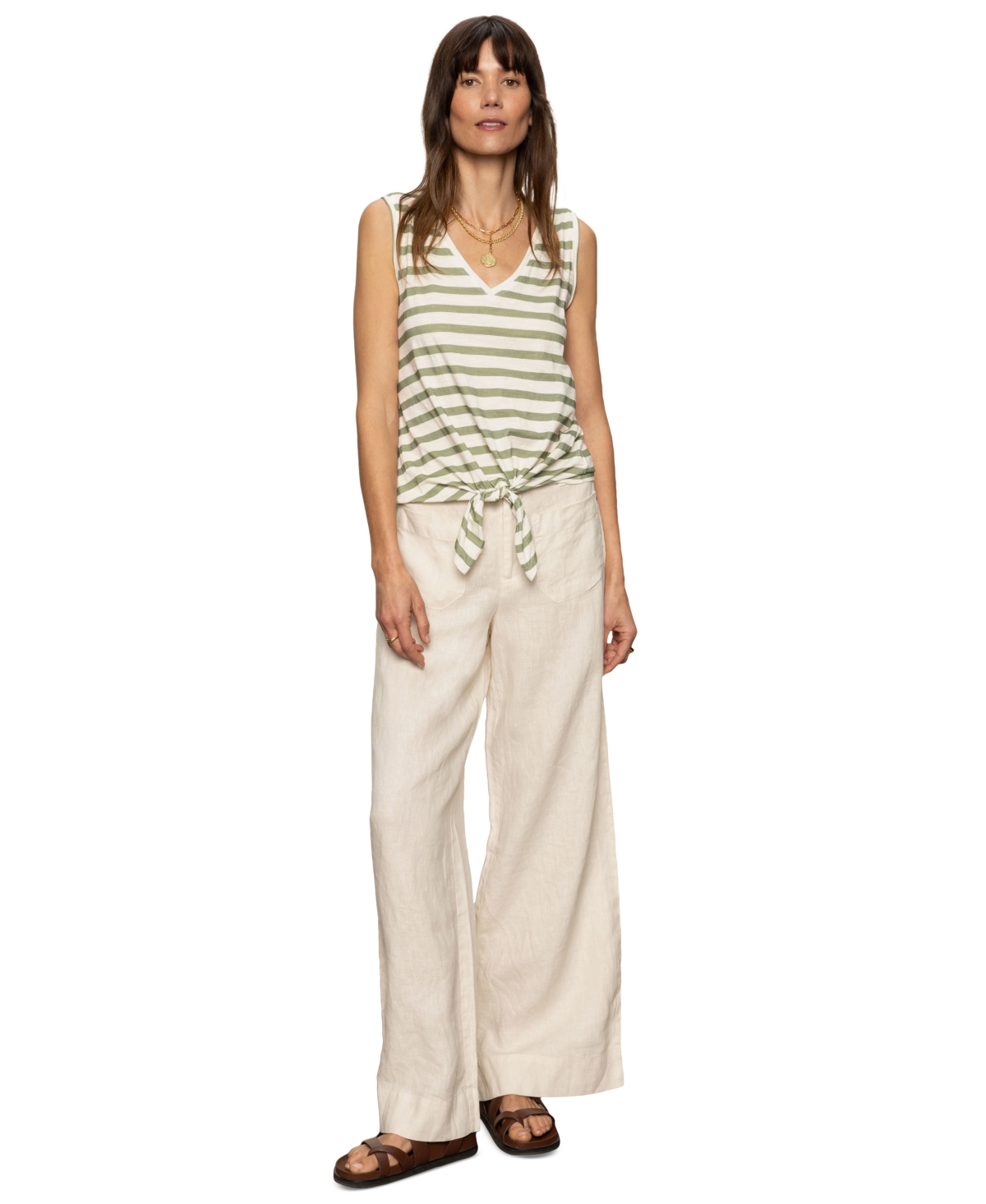 Sanctuary Traveler Twist Sleeve Tee In Light Ecru Olive Stripe In Sage,muslin Stripe