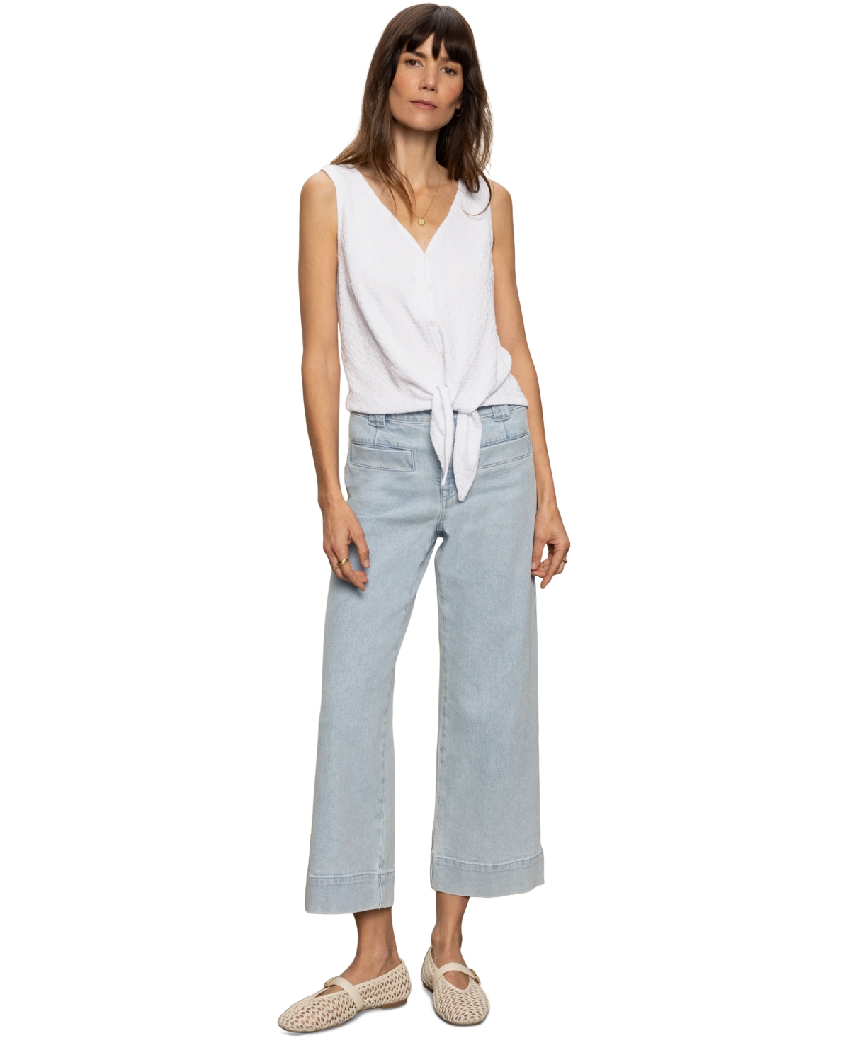 Sanctuary Vacation Textured Tie Front Button-up Tank In White