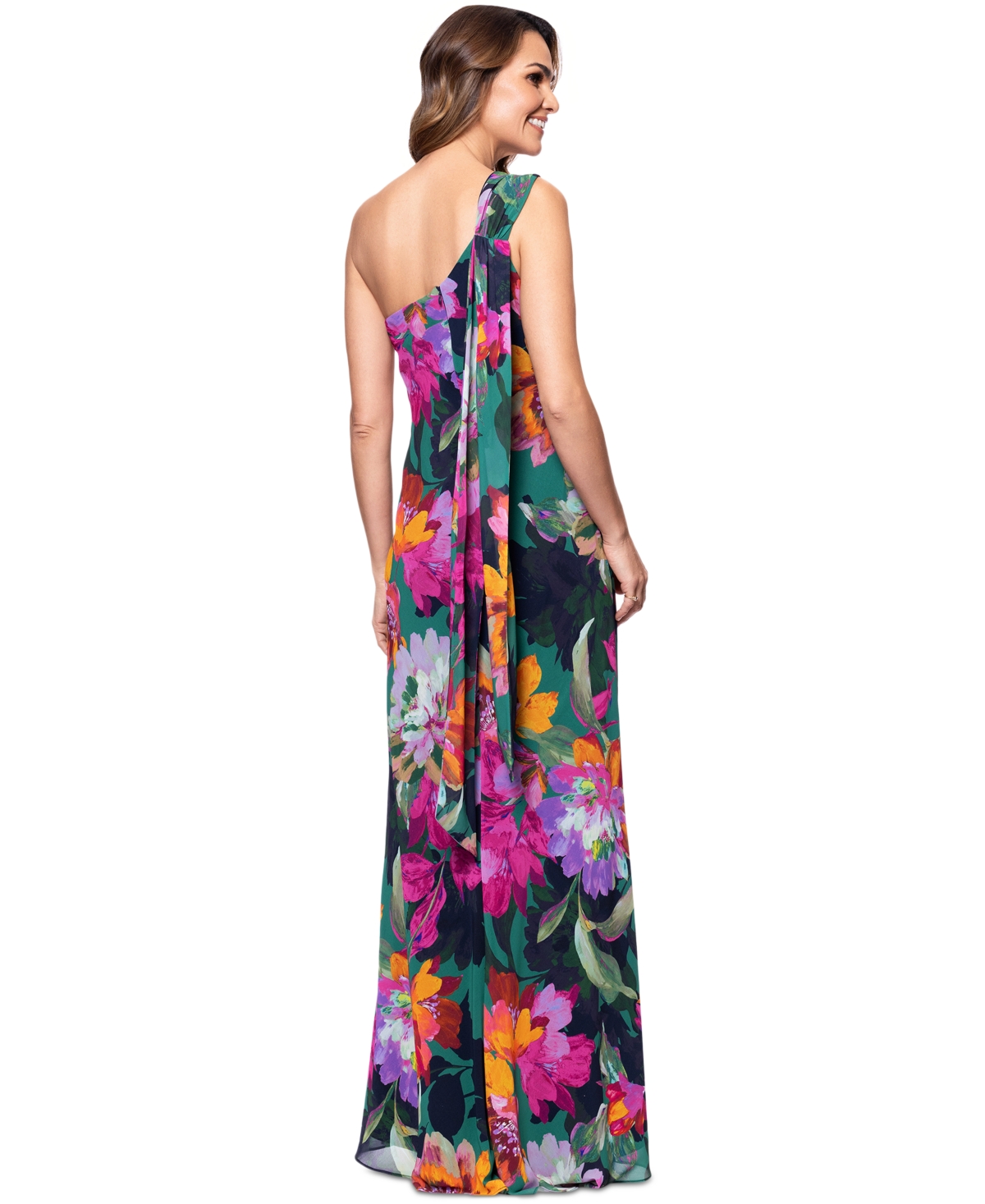Xscape Petite One-shoulder Chiffon Fit & Flare Gown In Green Multi