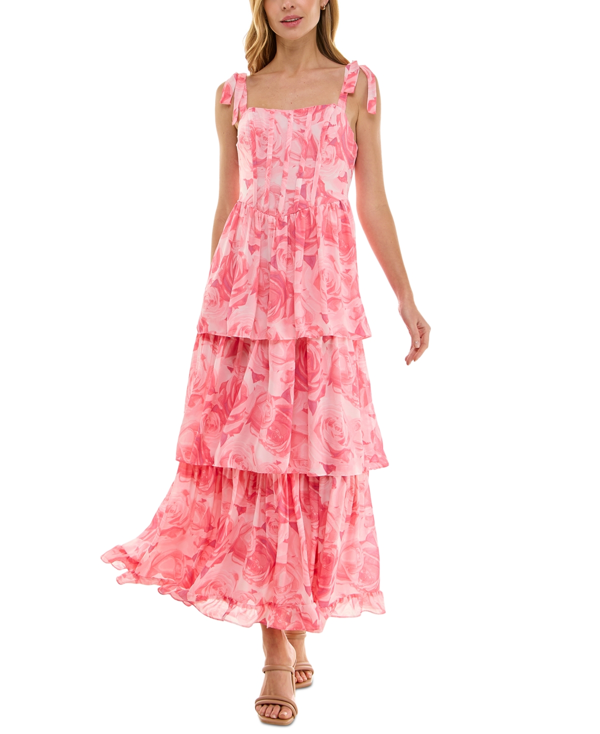 Juniors' Tie-Shoulder Tiered Chiffon Maxi Dress - Pink