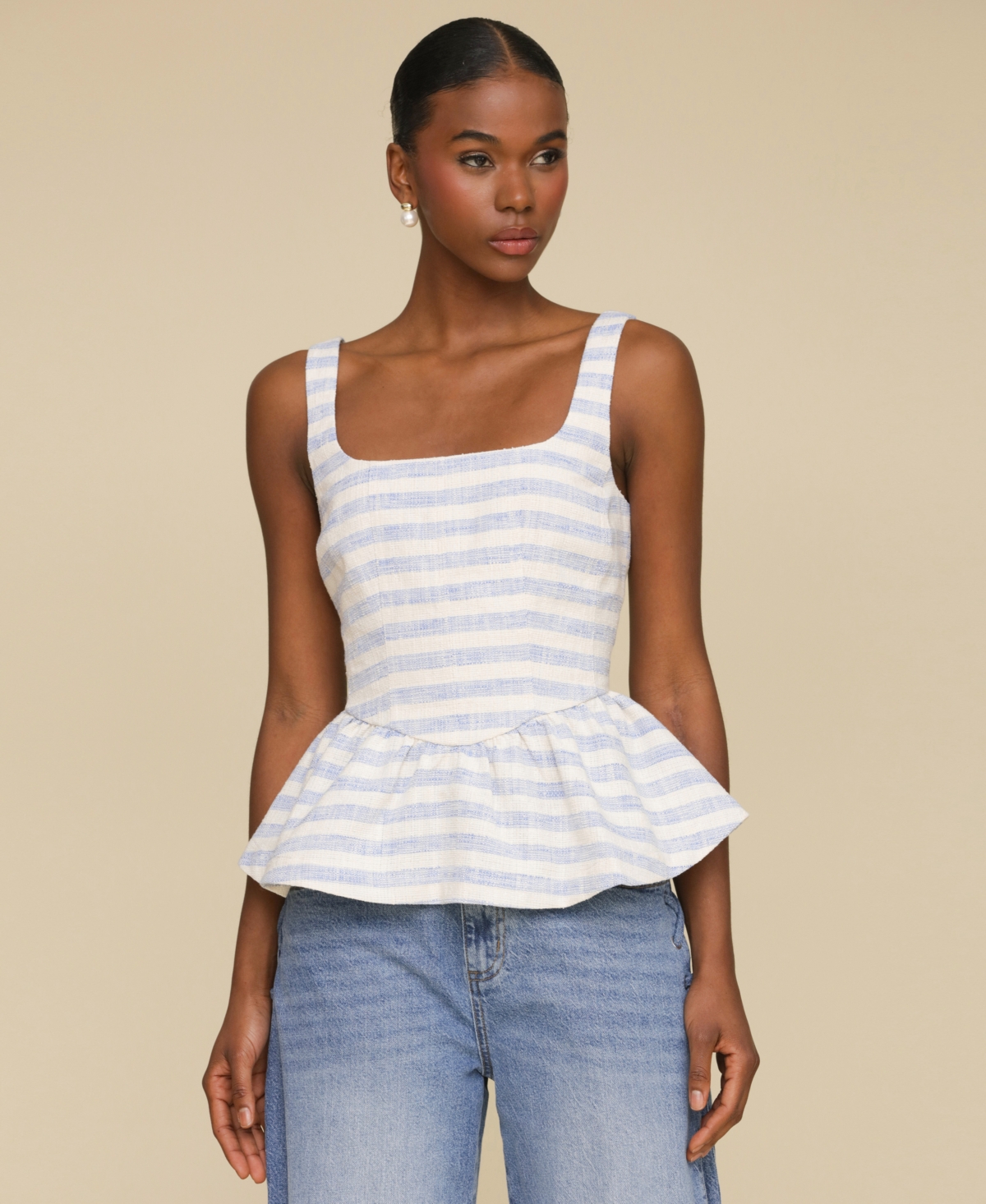 Avec Les Filles Stripe Peplum Cotton Blend Top In Blue,cream