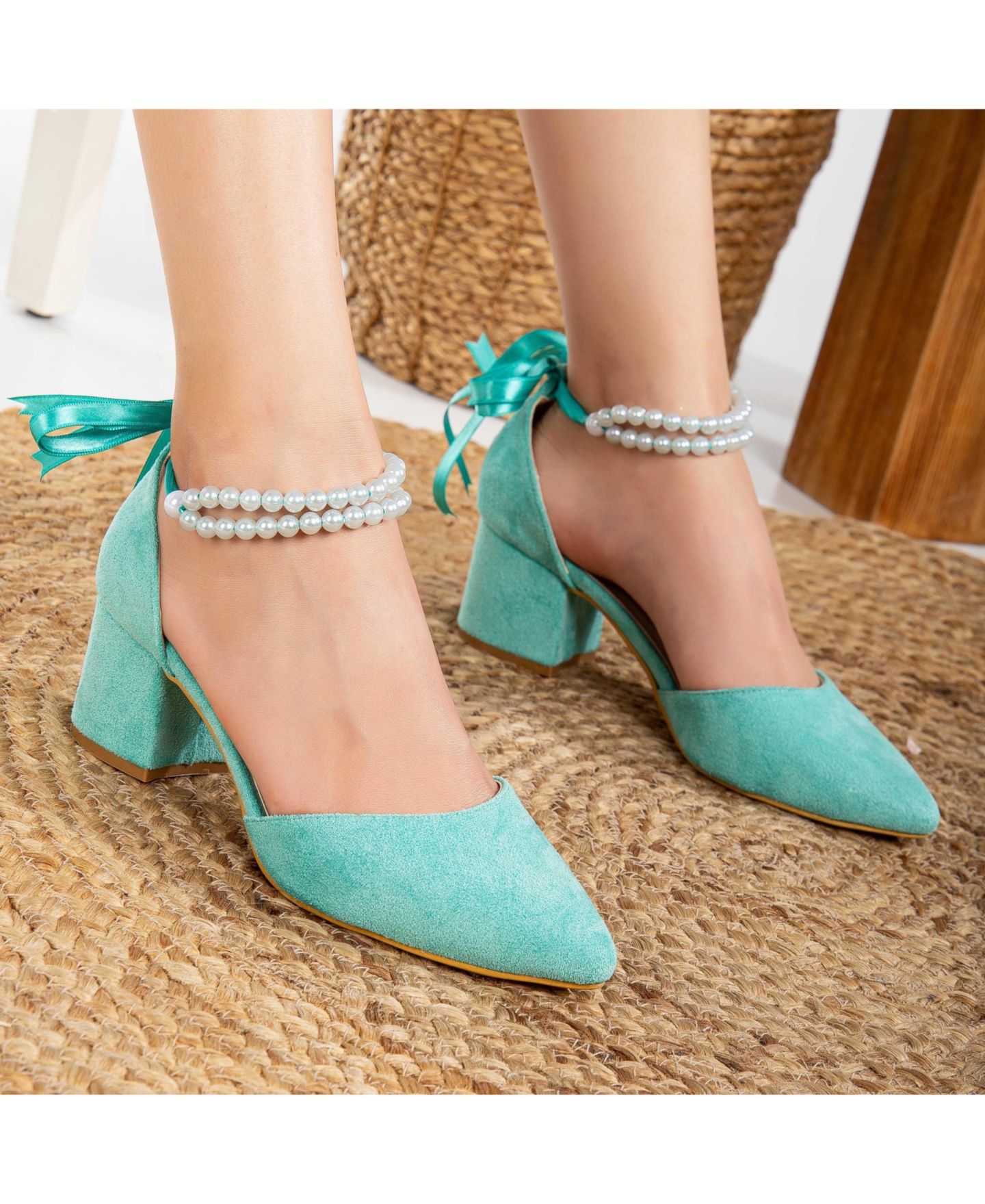 Женские туфли Forever & Always Shoes Miranda на низком блочном каблуке с жемчугом, цвет: Аквамариновый синий искусственный замшевый — фото 3