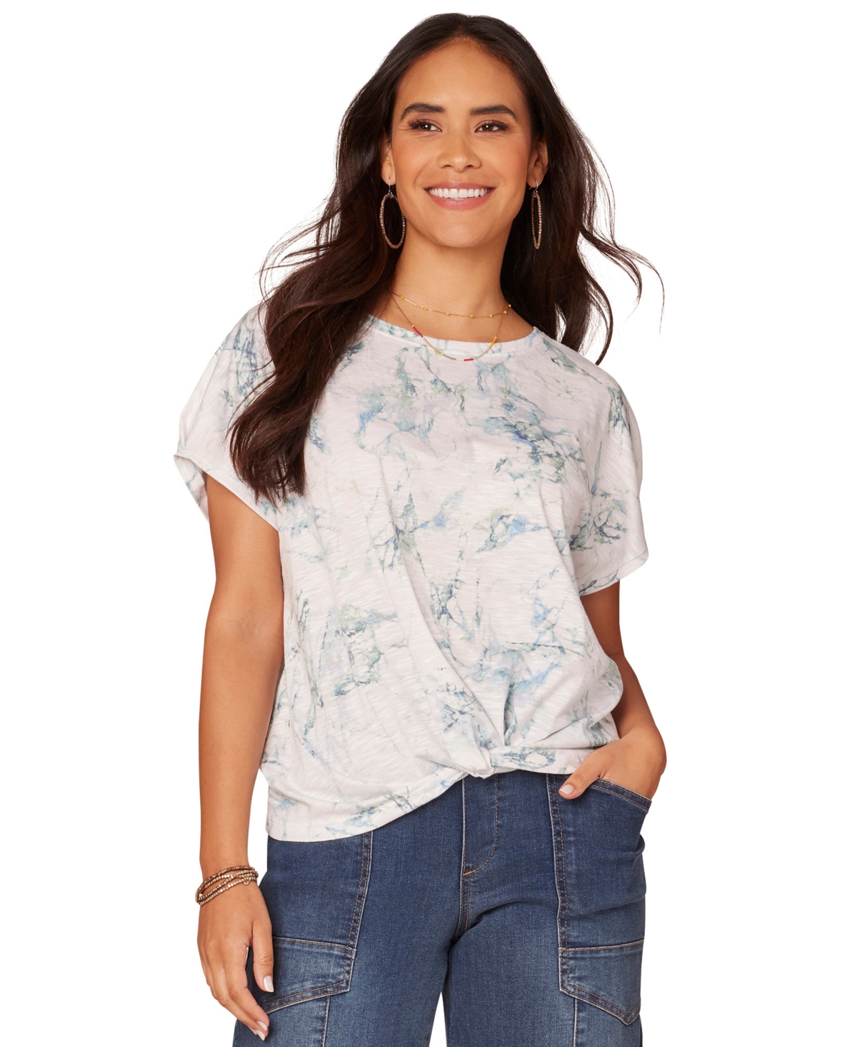 Democracy Petite Printed Twist-front Short-sleeve Top In White