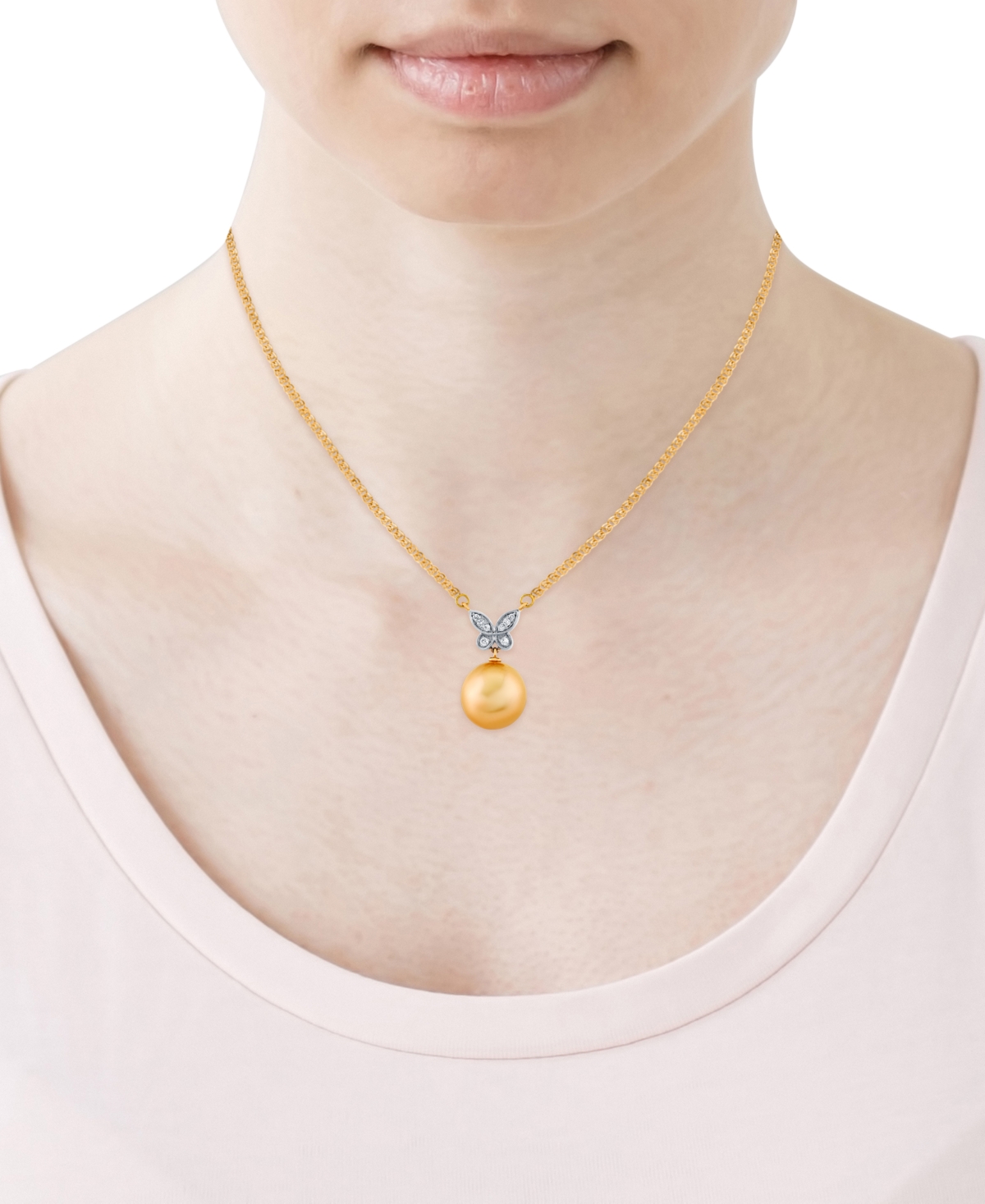 MACY'S BAROQUE CULTURED GOLDEN SOUTH SEA PEARL (11MM) & DIAMOND ACCENT BUTTERFLY 16" PENDANT NECKLACE IN 14 