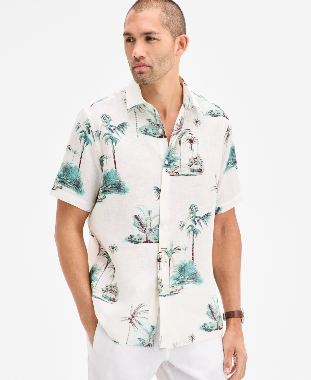 Club Room Men's Aloha Short Sleeved Tropical Print Button-front Linen Shirt, Exclusively At Macy's