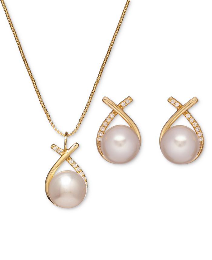 Cultured Freshwater Pearl (8mm) & Cubic Zirconia Crisscross Pendant