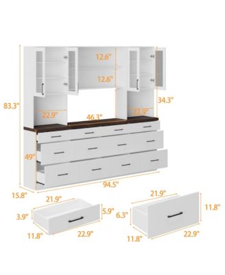 FAMAPY Grey Kitchen Cabinet with Glass Doors with 12 Drawers, Pantry Storage Cabinet with Shelves