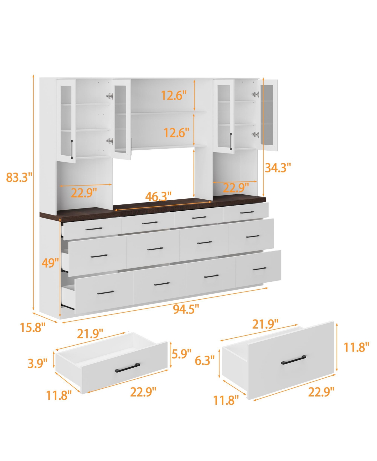 Famapy Grey Kitchen Cabinet with Glass Doors with 12 Drawers, Pantry Storage Cabinet with Shelves