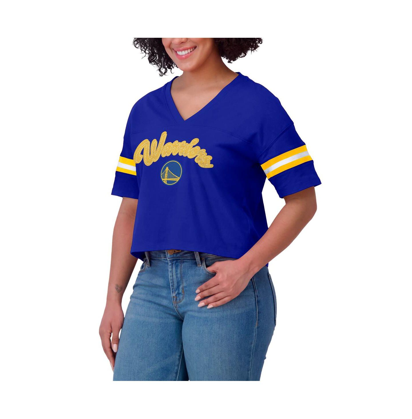 Женская футболка WEAR by Erin Andrews Royal Golden State Warriors Plus Size Color Block Boxy V-Neck — фото 2