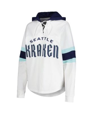 Women's White/Deep Sea Blue Seattle Kraken Goal Zone Long Sleeve Lace-Up Hoodie T-Shirt