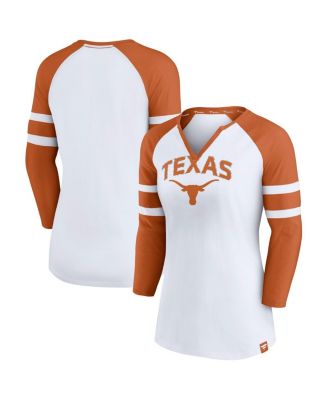 Fanatics - Women's White Texas Longhorns Block Party Notch Neck Raglan 3/4 Sleeve Top