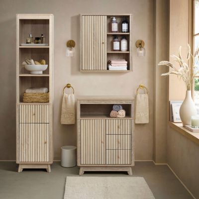 1Pc Manufactured Wood Fluted Panel, Wave Pattern & Open Shelves 1-Door Bathroom Wall Cabinet