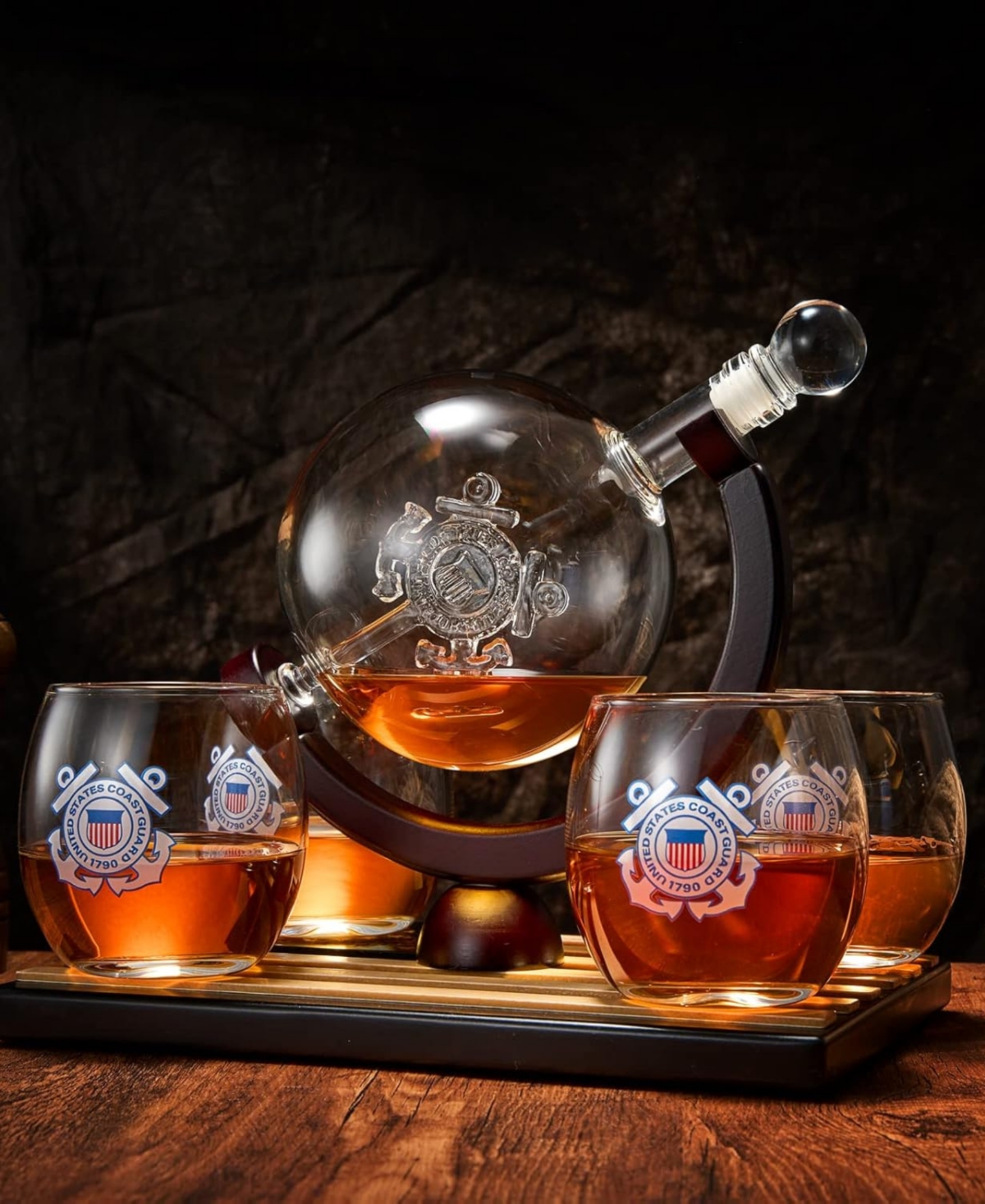 The Wine Savant U.s. Coast Guard Globe Whiskey Decanter Set In Clear