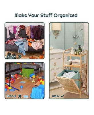 Tilt-out Bamboo Laundry Hamper with 2-Tier Shelf and Removable Liner