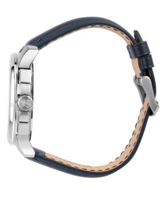 Men's Date Blue Leather Watch, 44mm