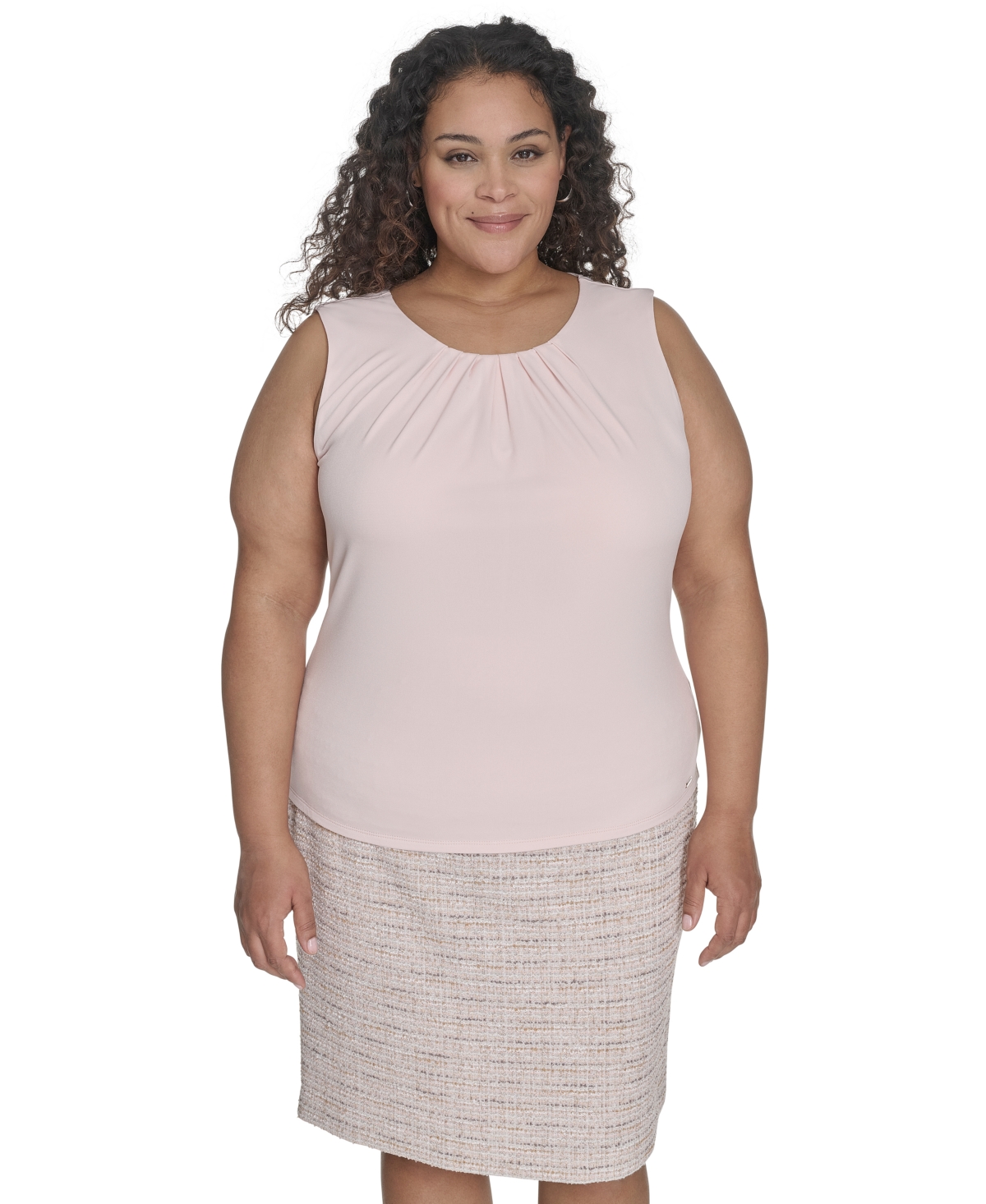 Shop Calvin Klein Plus Size Solid Pleated-neck Sleeveless Top In Parfait
