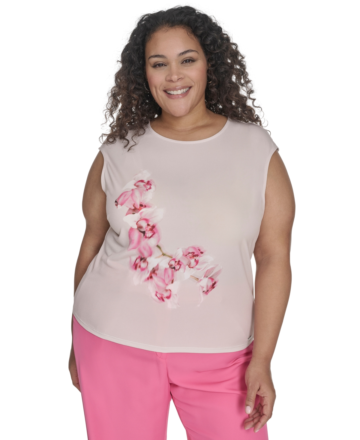 CALVIN KLEIN PLUS SIZE PLACED-FLORAL SLEEVELESS TOP 