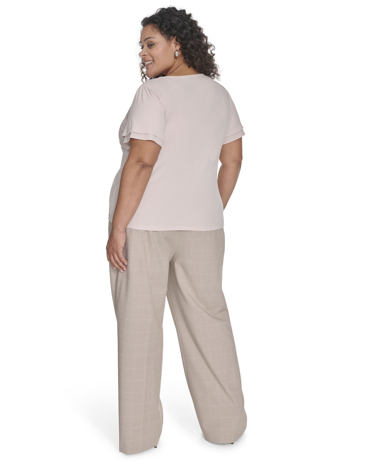 CALVIN KLEIN PLUS SIZE SOLID V-NECK DOUBLE-RUFFLE TOP 