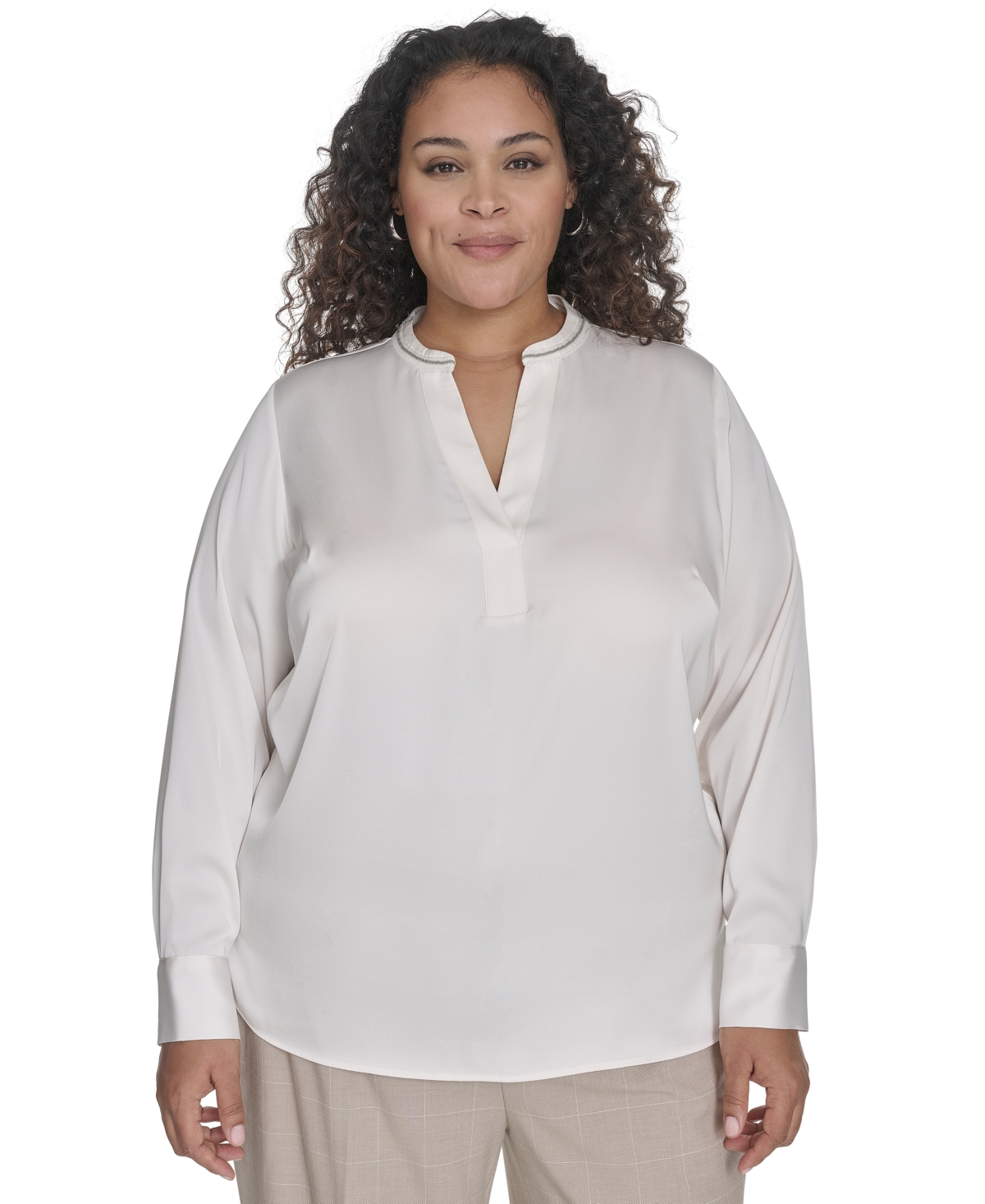 Shop Calvin Klein Plus Size Solid Charmeuse Split-neck Blouse In Cream