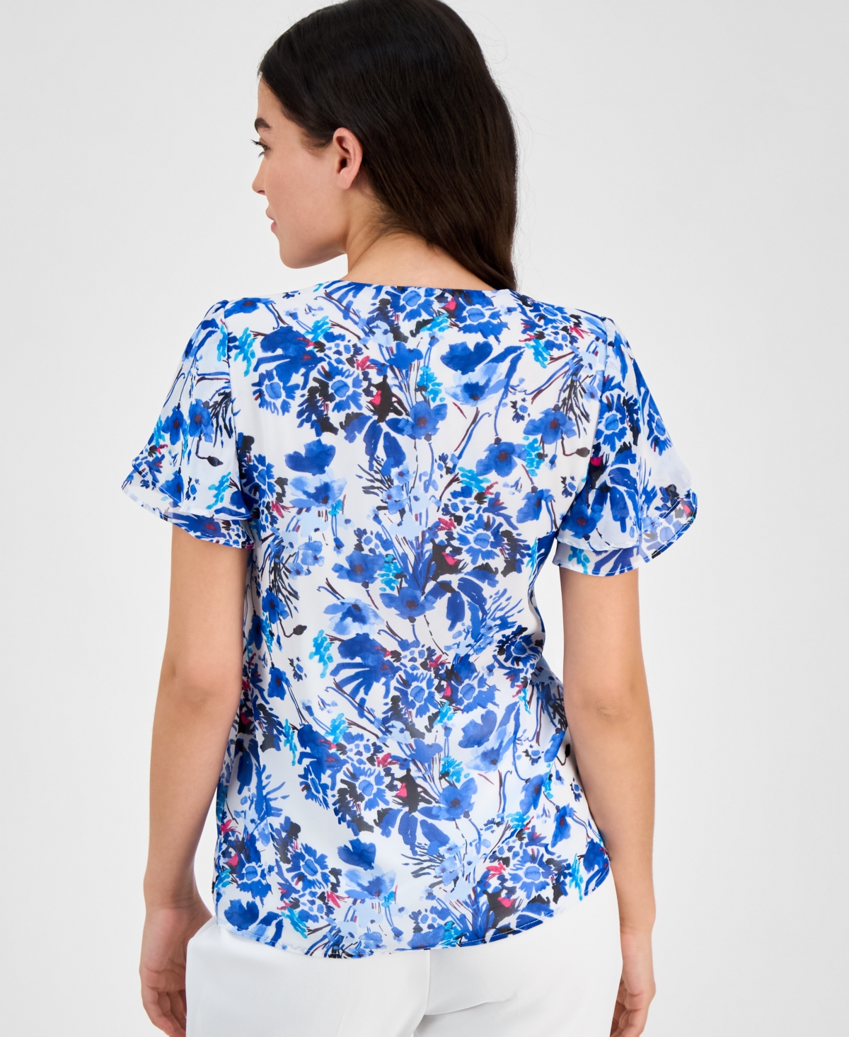 AK ANNE KLEIN PETITE FLORAL BUTTON-DOWN RUFFLE BLOUSE 