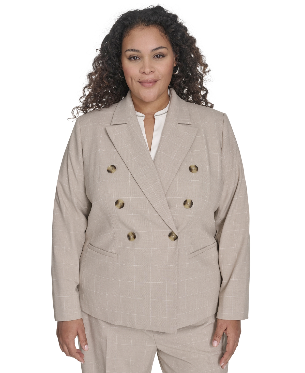 Shop Calvin Klein Plus Size Windowpane Double-breasted Jacket In Wicker Multi