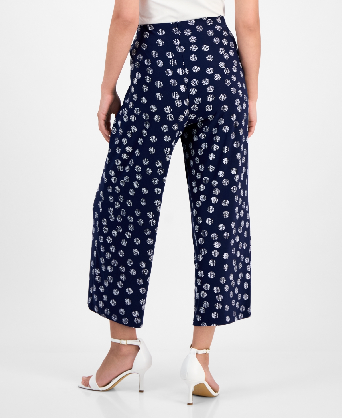 Ak Anne Klein Petite Dot-print Pull-on Mid-rise Pants In Distant Mountain,bright White