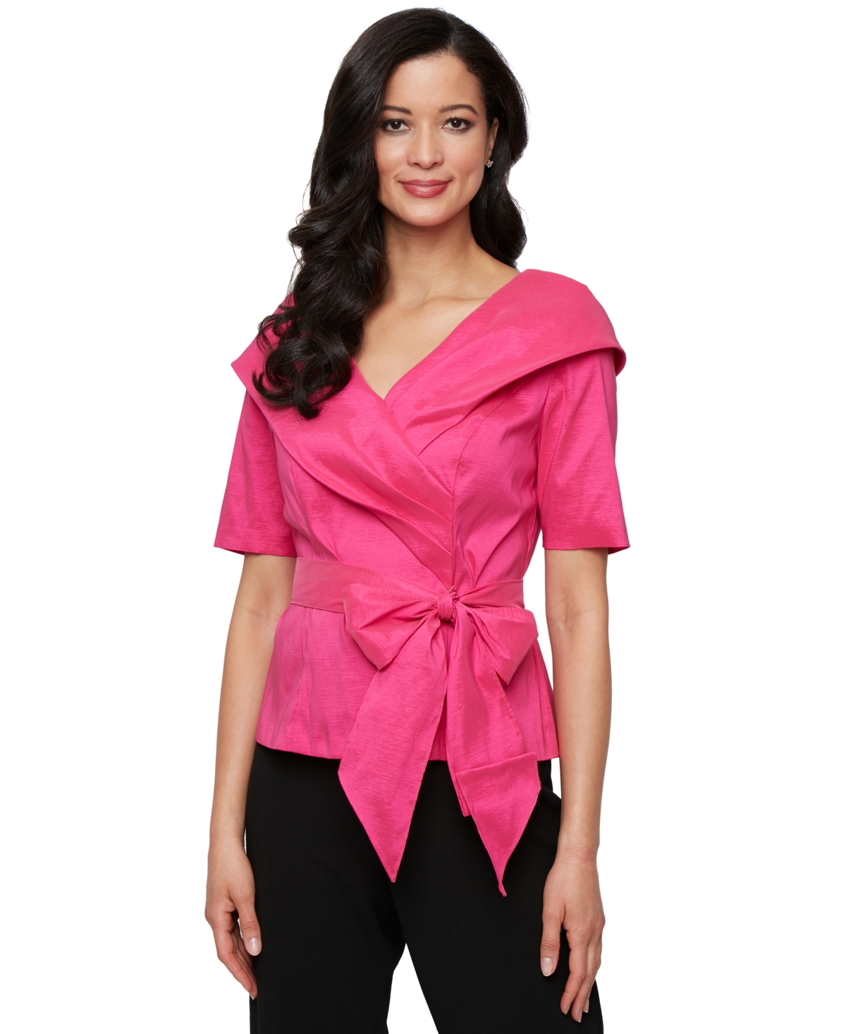 Women's Elbow-Sleeve Stretch Tie-Waist Collared Taffeta Blouse - Fuchsia