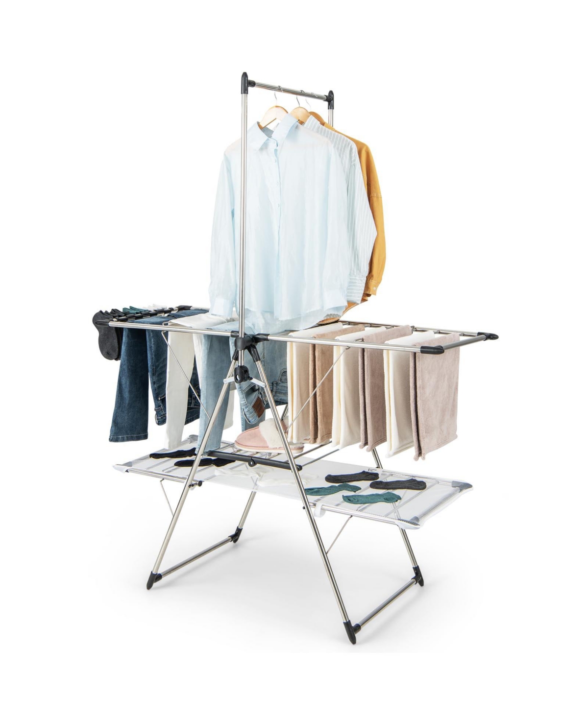 Large Foldable Clothes Drying Rack with Tall Hanging Bar - White