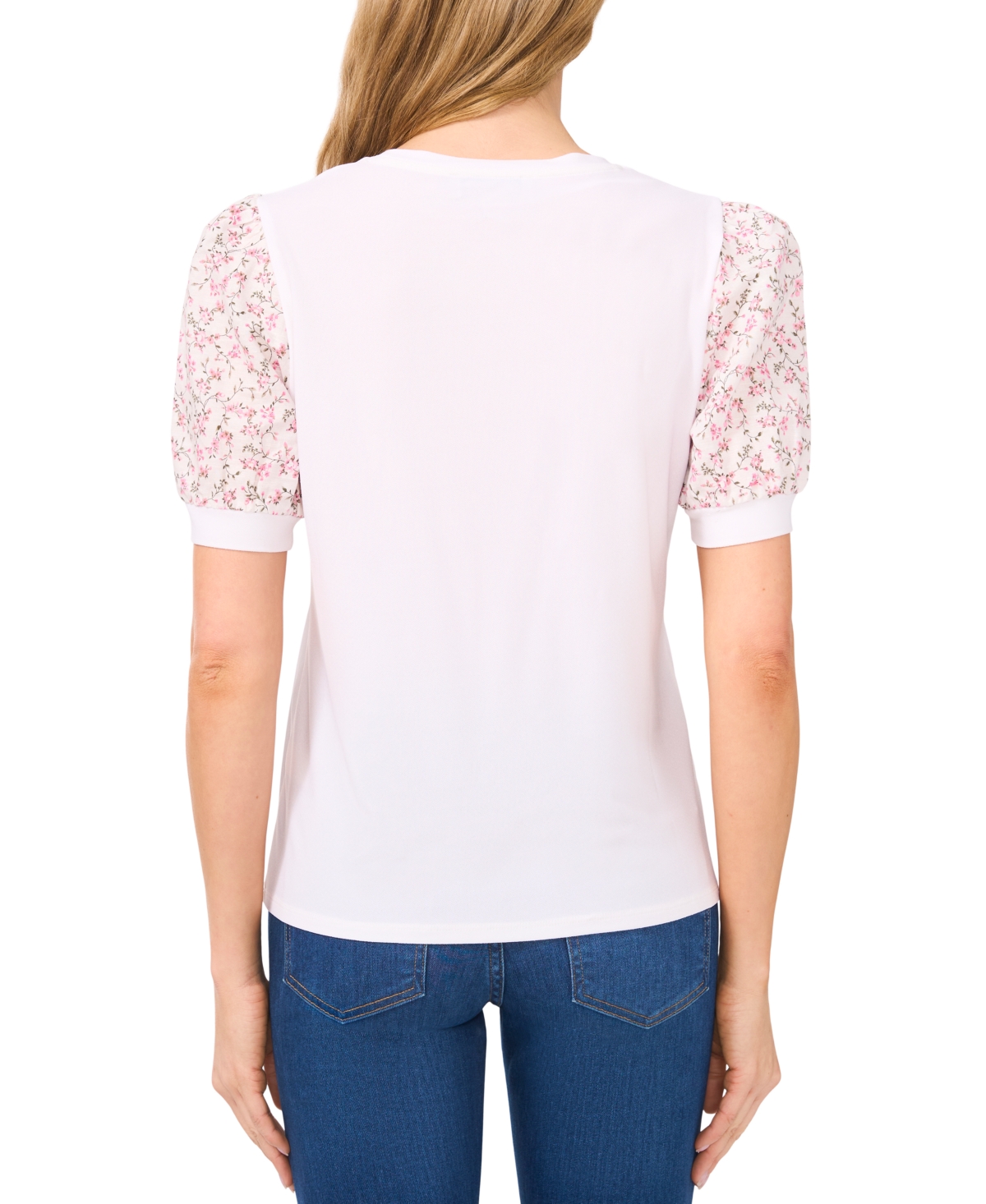 Cece Mixed Media Puff Sleeve Top In New Ivory