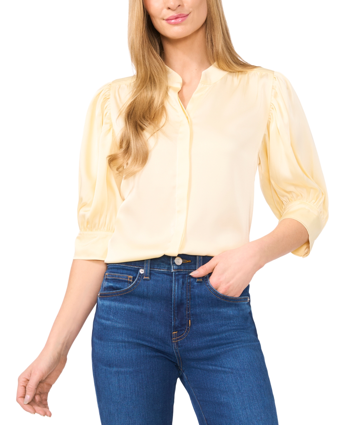 Shop Cece Women's Gathered 3/4-sleeve Satin Blouse In Lemon Drop