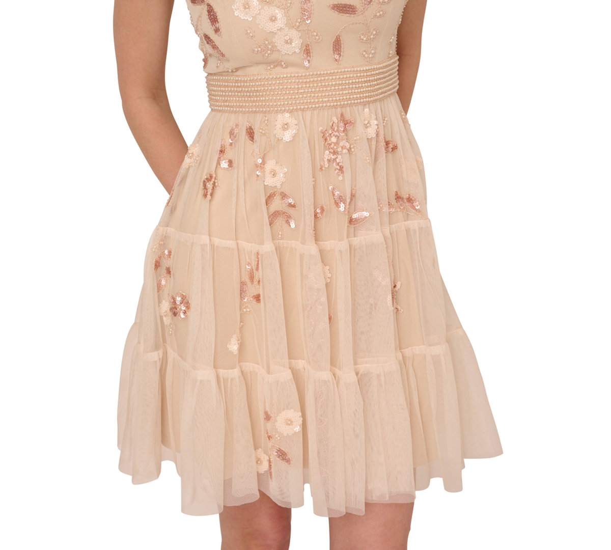 ADRIANNA PAPELL WOMEN'S V-NECK BEADED MESH MINIDRESS 