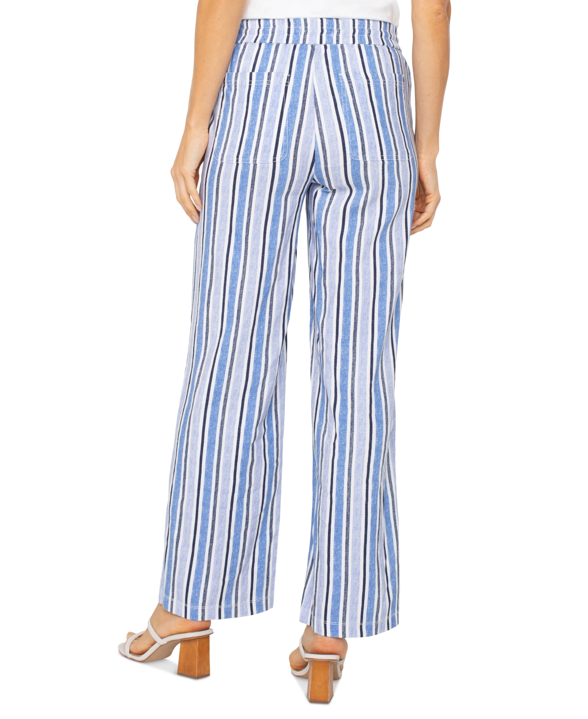 Liverpool Los Angeles Stripe Linen Blend Drawstring Wide Leg Pants In White Black Mlt Stripe